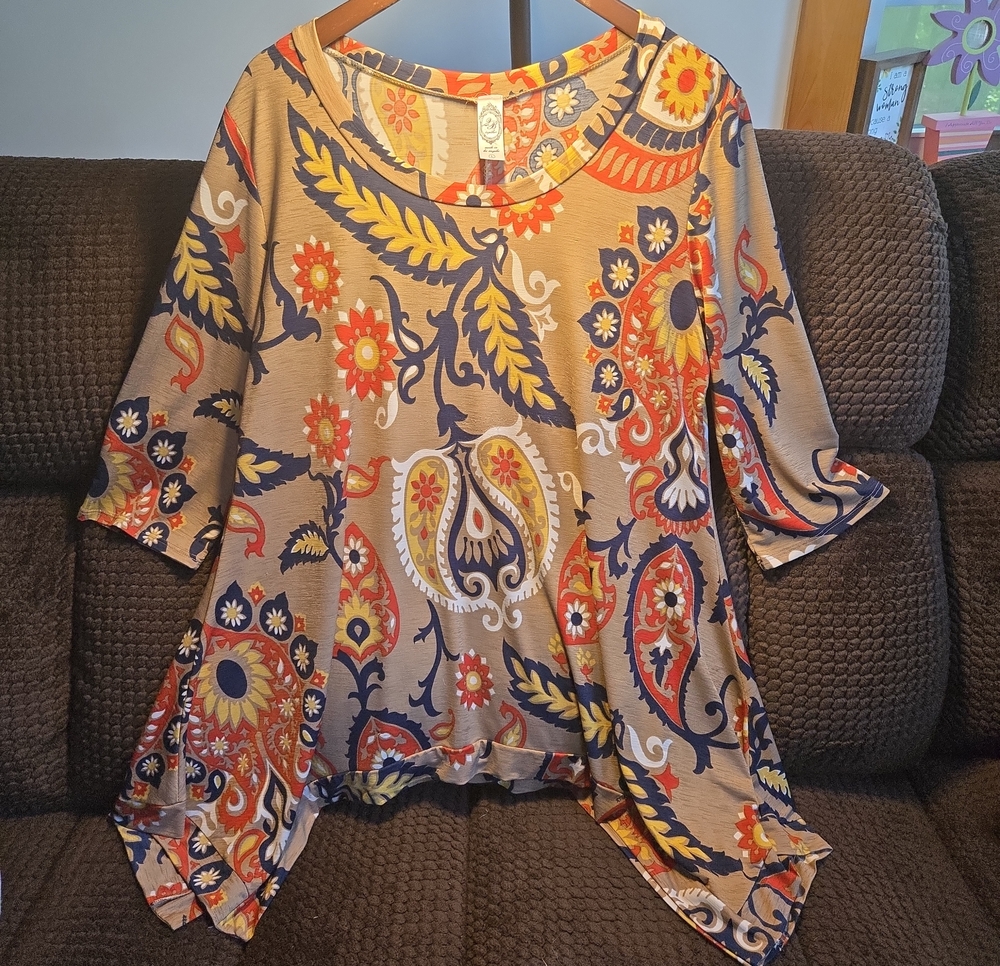 Together Beige Tunic with Navy, Orange & Yellow Paisley